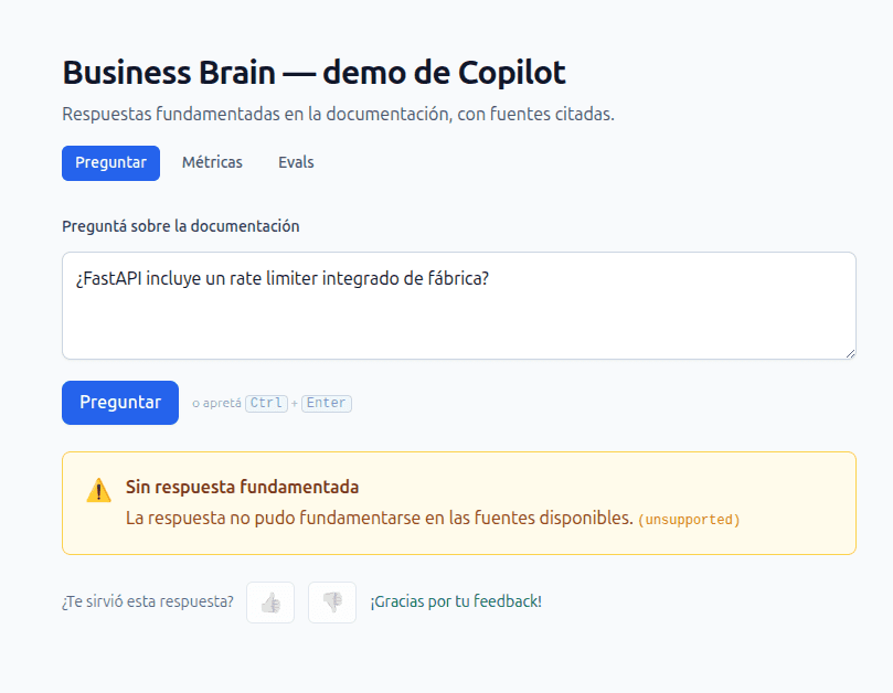 El copilot respondiendo «Sin respuesta fundamentada» a una pregunta que la documentación no cubre